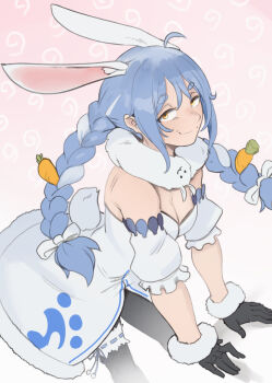 1girl :3 ahoge animal_ear_fluff animal_ears arbuz_budesh bare_shoulders black_gloves black_pantyhose blue_hair braid breasts carrot_hair_ornament cleavage coat_dress commentary don-chan_(usada_pekora) dress extra_ears food-themed_hair_ornament fur-trimmed_dress fur-trimmed_gloves fur_trim gloves gradient_background hair_ornament highres hololive leaning_forward long_hair looking_at_viewer medium_breasts multicolored_hair orange_eyes pantyhose pink_background rabbit_ears rabbit_girl rabbit_tail short_eyebrows simple_background smirk solo tail thick_eyebrows thigh_strap twin_braids two-tone_hair usada_pekora usada_pekora_(1st_costume) virtual_youtuber white_dress white_hair