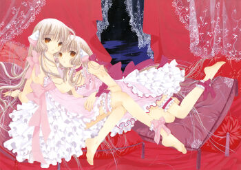00s 2girls absurdres ankle_cuffs ankle_garter anklet bare_shoulders barefoot blonde_hair bow brown_eyes chii chobits clamp dress feet freya freya_(chobits) frilled_thigh_strap frills gathers hair_spread_out highres jewelry lace long_hair multiple_girls pillow ribbon thigh_strap thighhighs very_long_hair white_dress white_thighhighs wrist_cuffs