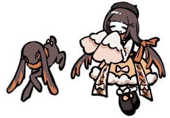 1girl amo_empool animalization beret black_boots black_hat boots brown_hair carbolic20 closed_eyes dress gachiakuta hair_ornament hair_ribbon hat highres long_hair open_mouth orange_dress orange_ribbon person_and_animalization ribbon simple_background smile very_long_hair white_background white_sleeves x_hair_ornament