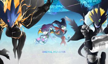 2boys 2girls absurdres beelstarmon beelzebumon beelzebumon_blast_mode blonde_hair demon digimon evolution highres impmon jiyuuya long_hair mask multiple_boys multiple_girls petitmamon third_eye wings