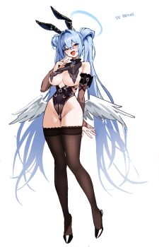 1girl absurdres animal_ears anyak05 black_leotard black_shoes black_thighhighs blue_hair breasts bush cleavage commentary fake_animal_ears full_body groin halo highleg highleg_leotard highres jaggy_lines large_breasts leotard long_hair looking_at_viewer low_wings magma_(medium) open_mouth original playboy_bunny rabbit_ears shoes simple_background solo thighhighs tsuareninya_veyron twintails very_long_hair white_background white_wings wings