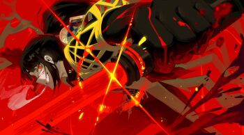 1girl black_gloves black_hair blood blood_on_face blood_on_hands blurry blurry_foreground cigarette commentary_request dutch_angle glint gloves grin hai000_0 highres holding holding_sword holding_weapon light_particles limbus_company long_hair looking_at_viewer n_corp._e.g.o_(identity)_(project_moon) ponytail project_moon red_background red_eyes ryoshu_(project_moon) simple_background smile smoke smoking solo sparkle sword sword_on_back teeth weapon weapon_on_back