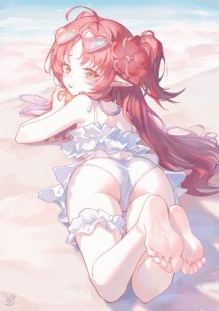 1girl :p absurdres ahoge apple arknights ass bare_back bare_shoulders barefoot beach bead_necklace beads bikini bra cameltoe earrings eyewear_on_head facing_away feet feet_up flower food frilled_bikini frilled_bra frilled_skirt frilled_thigh_strap frills from_behind fruit golden_apple green_eyes hair_flower hair_ornament heart heart-shaped_eyewear heart_earrings highres holding holding_food holding_fruit jewelry legs loli long_hair looking_at_viewer lying median_furrow multiple_moles myrtle_(arknights) necklace on_ground on_stomach outdoors panties pearl_necklace pointy_ears red_hair signature skirt soles solo sunglasses swimsuit synzmayu thigh_strap thighhighs thighs toes tongue tongue_out twintails two_side_up underwear unworn_eyewear very_long_hair white_panties