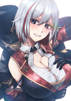 1boy 1girl absurdres bare_shoulders black_gloves black_hat blue_eyes breasts cleavage clenched_teeth commentary_request gloves grabbing_another's_breast grabbing_from_behind grey_hair groping hair_between_eyes hat highres honkai:_star_rail honkai_(series) ipc_grunt_(honkai:_star_rail) joji_nyudo mask multicolored_hair simple_background streaked_hair sweatdrop teeth topaz_(honkai:_star_rail) upper_body white_background