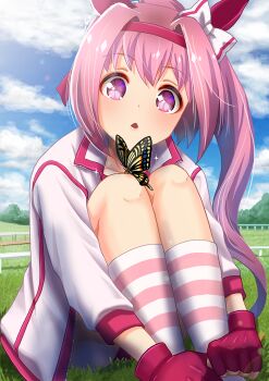 1girl animal_ears blue_sky blush bow bug buruma butterfly cloud commentary_request ear_bow ear_covers fingerless_gloves flower-shaped_pupils flower_in_eye gloves grass hairband haru_urara_(bestest_prize)_(umamusume) haru_urara_(umamusume) headband horse_ears horse_girl insect jacket knees_up long_hair open_mouth otono_(bkt4b) outdoors pink_buruma pink_eyes pink_hair pink_headband ponytail red_buruma red_gloves red_headband shirt sitting sky socks solo striped_clothes striped_socks symbol-shaped_pupils symbol_in_eye umamusume white_jacket white_shirt
