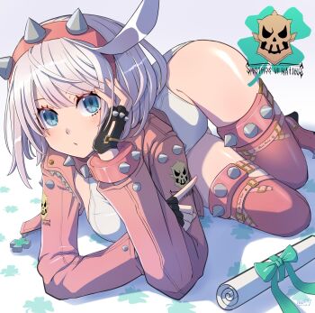 1girl black_gloves blue_eyes breasts elphelt_valentine fingerless_gloves gloves grey_hair guilty_gear guilty_gear_strive hairband hand_on_own_face highres jacket large_breasts leotard mariebell pink_hairband pink_jacket short_hair simple_background solo spiked_gloves spiked_hairband spikes white_background white_leotard