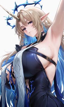 1girl arm_up armpit_focus armpits black_dress blonde_hair blue_eyes blue_hair blush breasts colored_inner_hair crown_of_thorns dress earrings fleurdelys_(wuthering_waves) floating_earrings halo highres horns huge_breasts jewelry light_blush long_hair long_horns looking_at_viewer multicolored_hair necklace parted_lips pointy_ears presenting_armpit re0n revision sidelocks single_horn solo sweat tacet_mark_(wuthering_waves) upper_body very_long_hair white_background wuthering_waves yellow_horns