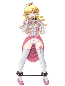 1girl absurdres aqua_eyes blonde_hair blue_gemstone blush bound_ankles bow bow_panties breasts clothes_lift collar commission controller crown dress dress_lift drooling earrings elbow_gloves embarrassed female_focus full_body gem gloves gluteal_fold hair_flaps hands_up head_tilt high_heels highres holding holding_panties holding_underwear holding_unworn_clothes jewelry legs legs_apart long_hair looking_at_viewer mario_(series) midorinor nintendo open_mouth panties pee peeing peeing_self pink_dress pink_shoes polka_dot polka_dot_panties presenting_removed_panties princess_peach puffy_short_sleeves puffy_sleeves raised_eyebrows red_gemstone remote_control remote_control_vibrator saliva sex_toy shoes short_sleeves simple_background skeb_commission small_breasts solo spiked_collar spikes spreader_bar stained_panties standing sweat tears thighhighs thighs transparent_background underwear vibrator vibrator_cord vibrator_under_clothes vibrator_under_panties wet wet_clothes wet_panties white_gloves white_panties white_thighhighs yellow_headwear