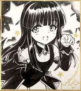 1girl :d arm_behind_back bare_shoulders blush commentary_request cowboy_shot dated detached_collar detached_sleeves furude_rika greyscale hand_up highres higurashi_no_naku_koro_ni leotard long_hair long_sleeves looking_at_viewer marine_(confeitokobo) monochrome open_mouth shikishi signature smile solo star_(symbol) traditional_media