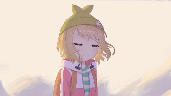 Rule 34 | 1girl, absurdres, backpack, bag, beanie, blonde hair, braid, closed eyes, hat, highres, jacket, mahiru (princess connect!), mahiru (real) (princess connect!), outdoors, princess connect!, ruinone, striped clothes, vertical-striped clothes