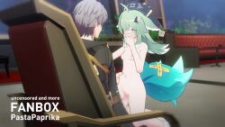 1boy 1girl 3d age_difference animal_ears animated artist_name ass ass_grab blender_(medium) blush bouncing_breasts breasts breath caelus_(honkai:_star_rail) censored chair clothed_male_nude_female fox_ears fox_girl fox_tail full_body girl_on_top green_eyes green_hair green_tail grey_hair hair_between_eyes hair_ornament hat hetero highres holding honkai:_star_rail honkai_(series) hug huohuo_(honkai:_star_rail) indoors loli looking_at_another looking_at_viewer medium_hair mihoyo moaning mosaic_censoring multiple_views nail_polish nervous nipples nude on_chair pale_skin pastapaprika penis pov riding self-upload sex sitting sitting_on_lap sitting_on_person size_difference small_breasts solo_focus sound space spread_legs steam tail teeth testicles trailblazer_(honkai:_star_rail) vaginal video worried