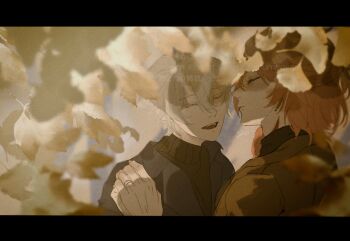 2boys black_choker black_shirt black_sweater blonde_hair choker closed_eyes collared_shirt commentary facial_tattoo ginkgo_leaf gradient_hair highres holding_hands honkai:_star_rail honkai_(series) leaf male_focus medium_hair multicolored_hair multiple_boys mydei_(honkai:_star_rail) neck_tattoo parted_bangs phainon_(honkai:_star_rail) red_hair red_tattoo shirt short_hair sweater symbol-only_commentary tattoo trl1oa turtleneck turtleneck_sweater watermark white_hair yaoi