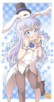 1girl angora_rabbit animal_ears black_shoes blue_background blue_eyes blue_hair blush commentary_request gochuumon_wa_usagi_desu_ka? hair_ornament hat high_heels highres kafuu_chino leotard long_hair open_mouth pantyhose playboy_bunny rabbit rabbit_ears shoes takecho tippy_(gochiusa) top_hat white_leotard wrist_cuffs x_hair_ornament