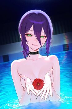 1girl absurdres black_choker breasts chainsaw_man choker collarbone daisy_(flower) flower green_eyes hair_between_eyes hank_(gogaek) highres holding holding_flower looking_at_viewer medium_breasts nude parted_lips partially_submerged pool purple_hair red_flower reze_(chainsaw_man) smile solo wet wet_hair