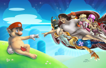 Rule 34 | 2boys, 6+girls, ass, barefoot, birdo, blue sky, eric proctor, facial hair, feet, fine art parody, game sprite, grin, hat, leaf, mario, mario (series), metroid, midna, miyamoto shigeru, multiple boys, multiple girls, mustache, nintendo, outdoors, parody, princess daisy, princess peach, princess zelda, rosalina, samus aran, sky, smile, super mario bros. 1, super mario bros. 3, super mario galaxy, super mario land, the creation of adam, the legend of zelda, the legend of zelda: twilight princess, toadette