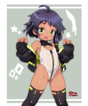 1girl ahoge alice_gear_aegis black_hair black_jacket black_thighhighs circle_cutout cleavage_cutout clothing_cutout commentary_request companion/af covered_collarbone dark-skinned_female dark_skin flat_chest front_zipper full-length_zipper green_eyes heattech_leotard highleg highleg_leotard highres jacket kuromaru-4321 leotard loli multicolored_leotard race_queen shanti_rana smile solo thighhighs turtleneck two-tone_leotard w_arms white_leotard zipper zipper_leotard zipper_pull_tab