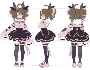 Rule 34 | 1girl, 39chan, ahoge, bags under eyes, black bow, black choker, black skirt, black thighhighs, bow, bowtie, breasts, chain, choker, cleavage, cleavage cutout, closed mouth, clothing cutout, collarbone, crazy smile, cross, cross necklace, dot nose, fishnets, frilled sailor collar, frilled sleeves, frills, from behind, from side, hair bow, hair ornament, hair over one eye, hairclip, heart, huge ahoge, jewelry, jirai kei, large breasts, melonenbrot, multiple views, necklace, official art, pink bow, pink bowtie, pink hair, pink ribbon, pink trim, purple shirt, reference sheet, ribbon, sailor collar, sandals, shirt, single fishnet legwear, single thighhigh, skirt, sleeves past fingers, sleeves past wrists, smile, straight-on, thighhighs, toriko (39chan), twintails, utau, white sailor collar