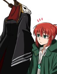 Rule 34 | 1boy, 1girl, absurdres, animal head, animal skull, black coat, closed mouth, coat, delfuze, elias ainsworth, green coat, hatori chise, highres, horns, jewelry, long sleeves, mahou tsukai no yome, necklace, notice lines, open clothes, open coat, ponytail, red hair, simple background, skull head, white background