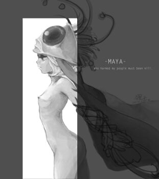 1girl ant_girl arthropod_girl breasts character_name closed_mouth commentary completely_nude cowboy_shot english_commentary english_text engrish_commentary engrish_text expressionless greyscale maya_(ragnarok_online) monochrome nipples nude profile ragnarok_online ranguage short_hair small_breasts solo waterlessy