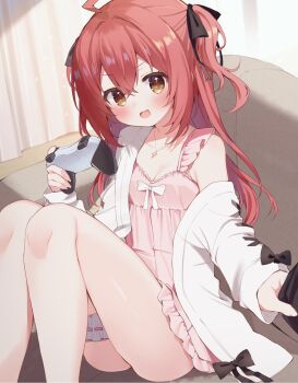 1girl :d ahoge bare_shoulders black_bow blush bow breasts cleavage commentary commission controller crossed_bangs denpa_meme dress feet_out_of_frame game_controller hair_between_eyes hair_bow hair_intakes highres holding holding_controller holding_game_controller indie_virtual_youtuber indoors jacket jewelry knees_up long_hair looking_at_viewer necklace off_shoulder open_clothes open_jacket open_mouth pink_dress red_hair short_dress sidelocks sitting skeb_commission sleeve_bow sleeveless sleeveless_dress small_breasts smile solo takepoison thigh_strap two_side_up virtual_youtuber white_jacket yellow_eyes