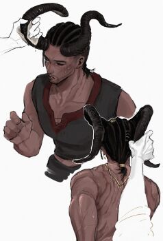 1boy baldur&#039;s_gate baldur&#039;s_gate_3 black_hair collarbone cornrows curled_horns dark-skinned_male dark_skin dungeons_&amp;_dragons dungeons_&amp;_dragons hair_rings highres horn_grab horns long_horns multiple_views muscular muscular_male one_eye_closed ponytail short_ponytail simple_background sweat topless_male upper_body vamos_mk white_background wyll_(baldur&#039;s_gate)