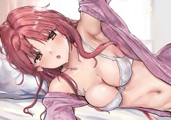 1girl ahoge ahshi_(yingchuan_songshu) armpits blush bra breasts chinese_commentary cleavage commentary_request commission day dracu-riot! eyelashes hair_between_eyes hair_down hair_spread_out incoming_hug indoors large_breasts long_hair looking_at_viewer lying medium_breasts navel off_shoulder on_bed on_side open_mouth open_pajamas pajamas pink_pajamas pixiv_commission pov pov_across_bed red_hair sidelocks solo stomach underwear upper_body white_bra yarai_miu yellow_eyes