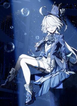 1girl ascot asymmetrical_gloves black_ascot black_gloves blue_hat blue_jacket blue_shoes bubble coattails cowlick drop-shaped_pupils eyelash_ornament furina_(genshin_impact) genshin_impact gloves half_gloves hand_on_own_chest hat heterochromia high_heels highres jacket koumimi light_particles long_hair looking_at_viewer mismatched_gloves open_mouth ouji_fashion shoes short_shorts shorts sitting solo spotlight symbol-shaped_pupils top_hat vest white_gloves white_hair white_shorts white_vest