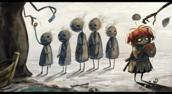 1girl bag boat coin coin_purse dark death hair_bobbles hair_ornament handbag koto_inari letterboxed onozuka_komachi queue red_hair short_hair speech_bubble thought_bubble ticket touhou twintails two_side_up watercraft