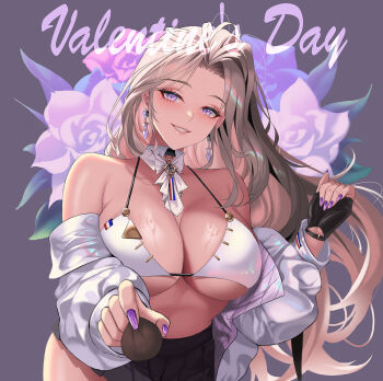 Rule 34 | 1girl, bare shoulders, bikini, black gloves, black skirt, breasts, cleavage, collar, commentary, detached collar, earrings, english commentary, eyelashes, fingerless gloves, gloves, grey hair, highres, holding, jewelry, large breasts, lips, long hair, mad kimo, original, pleated skirt, purple eyes, purple nails, single glove, skirt, smile, solo, swimsuit, valentine, white bikini, white collar
