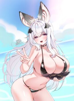 1girl absurdres animal_ears artist_name bare_shoulders beach bikini black_bikini blue_sky blurry blush breasts cleavage cloud collarbone commentary crossed_bangs day depth_of_field dutch_angle english_commentary fang floating_hair groin hair_between_eyes hair_ornament hand_up highres holding large_breasts long_hair looking_at_viewer navel ocean open_mouth original outdoors purple_eyes rak_rak_yee sideboob sidelocks skin_fang sky smile solo standing stomach string_bikini swimsuit thighs v very_long_hair water white_hair wing_hair_ornament