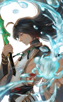 1other absurdres ahoge black_hair brown_eyes closed_mouth commentary_request fate/samurai_remnant fate_(series) floating_hair highres holding holding_sword holding_weapon hydrokinesis japanese_clothes other_focus renrenka_noi signature simple_background sword toned water weapon yamato_takeru_(fate)