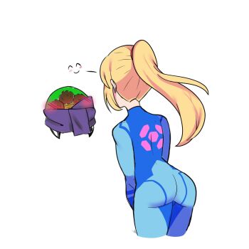 1girl absurdres alien ass back bbycheese blonde_hair blue_bodysuit blush bodysuit from_behind highres long_hair metroid metroid_(creature) nintendo ponytail samus_aran simple_background skin_tight smile solo white_background zero_suit