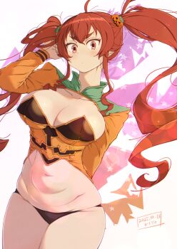 1girl alternate_hairstyle arm_behind_back arm_behind_head artist_name cleavage_cutout clothing_cutout dated eris_greyrat halloween_costume highres kiyo_(a_sam_ko) legs long_hair looking_at_viewer midriff mushoku_tensei navel red_eyes red_hair solo thick_thighs thighs thong twintails