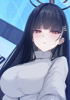 1girl black_hair black_halo blue_archive bright_pupils hair_ornament hairclip halo highres multicolored_halo red_eyes rio_(blue_archive) solo sweater turtleneck turtleneck_sweater two-tone_halo upper_body white_pupils white_sweater yamikyon