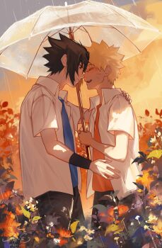 2boys absurdres arm_around_neck black_hair black_pants blonde_hair blue_shirt closed_eyes collared_shirt cowboy_shot facial_mark hair_between_eyes haruiro_(hrm_ino) highres holding holding_umbrella imminent_kiss looking_at_another multiple_boys naruto_(classic) naruto_(series) open_mouth orange_shirt pants rain shirt short_hair smile spiked_hair uchiha_sasuke umbrella uzumaki_naruto whisker_markings white_shirt yaoi