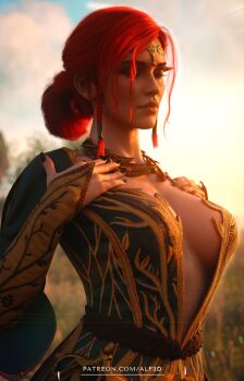 1girl aelf3d artist_name breasts cleavage closed_eyes commentary highres large_breasts official_alternate_costume outdoors patreon_username red_hair solo the_witcher_(series) the_witcher_3 triss_merigold upper_body watermark web_address