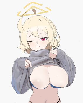 1girl absurdres ahoge blonde_hair blue_archive blue_bra blush bra bra_pull braid breasts clothes_lift clothes_pull cok_ia commentary_request grey_background grey_sweater halo highres kotori_(blue_archive) large_breasts lifting_own_clothes looking_at_viewer nipples no_eyewear one_eye_closed pink_eyes short_hair simple_background single_braid sweater sweater_lift triangle_halo underwear yellow_halo