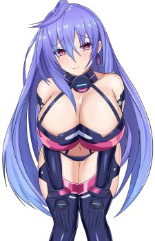 1girl absurdres breasts cameltoe choujigen_game_neptune cleavage compile_heart highres idea_factory iris_heart_(neptunia) kami_jigen_game_neptune_v large_breasts leaning leaning_forward leotard long_hair looking_at_viewer neptune_(series) purple_hair smile solo stiris_rangetsu thighhighs thong thong_leotard very_long_hair