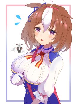 1girl ahoge animal_ears between_breasts breasts brown_hair commentary_request flying_sweatdrops gloves hair_between_eyes hairband horse_ears horse_girl long_sleeves looking_at_viewer medium_hair meisho_doto_(turbulent_blue)_(umamusume) meisho_doto_(umamusume) multicolored_hair open_mouth pink_hairband purple_eyes simple_background smile solo strap_between_breasts te6og two-tone_hair umamusume white_background white_gloves white_hair