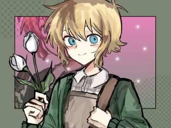 Rule 34 | 1boy, absurdres, antenna hair, bag, basil (birthday) (omori), basil (faraway) (omori), basil (omori), blue eyes, border, brown bag, brown overalls, buttons, cardigan, chinese commentary, closed mouth, collared shirt, commentary request, dated commentary, double-parted bangs, flipped hair, flower, green border, green cardigan, hair between eyes, hands up, highres, holding, holding bag, holding flower, leaf, light blush, long sleeves, looking at viewer, male focus, no headwear, omori, open cardigan, open clothes, outside border, overalls, pink background, plaid clothes, plaid shirt, puffy long sleeves, puffy sleeves, shirt, short hair, shoulder bag, sidelocks, simple background, smile, solo, sparkle background, tareme, tulip, upper body, white flower, white shirt, white tulip, yudishiming, zoom layer