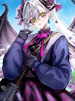 Rule 34 | 1girl, bag, black hands, black shirt, blue jacket, blue sky, blush, body markings, bow, bowtie, breasts, colored extremities, commentary request, crossed bangs, demon girl, demon horns, demon wings, diandao qin, ear piercing, earrings, fate/grand order, fate (series), flower, green eyes, grey hair, hair between eyes, hair ribbon, highres, horns, jacket, jewelry, lilith (fate), long hair, long sleeves, looking at viewer, medium breasts, parted lips, piercing, pointy ears, purple skirt, ribbon, shirt, shoulder bag, skirt, sky, solo, twintails, very long hair, wings