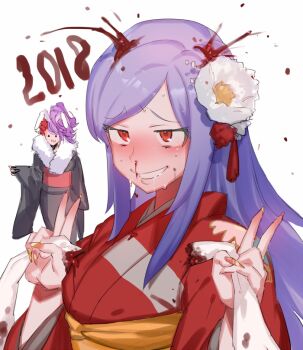 2018 2girls :3 animal_ears black_kimono blood blush commentary_request cookie_(touhou) double_v fake_hisui_(cookie) fingernails flower grin hair_flower hair_ornament hisui_(cookie) holding_ears japanese_clothes kebabu_01 kimono long_hair multiple_girls nose_blush nosebleed obi orange_sash purple_hair rabbit_ears rabbit_girl red_eyes red_kimono red_sash reisen_udongein_inaba sash severed_ear sharp_fingernails shouten_pegasus_mix_mori simple_background smile solo_focus swept_bangs touhou upper_body v white_background white_flower wide_sleeves yellow_nails