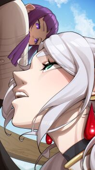 2girls absurdres bilingual_commentary blue_sky blunt_bangs boob_shadow_(meme) breasts cloud cloudy_sky dress earrings fern_(sousou_no_frieren) floating_earrings frieren highres huge_breasts jewelry looking_at_another looking_down looking_up meme mixed-language_commentary multiple_girls parted_bangs pointy_nose purple_eyes purple_hair sky sousou_no_frieren straight_hair teardrop_earrings teeth tettora upper_teeth_only upward_angle_frieren_drawing_(meme) white_dress white_hair