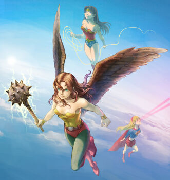 3girls alien amazon_warrior black_hair blonde_hair boots breasts cape chazono_(irakunoikura) cleavage dc_comics female_focus flying hawkgirl justice_league kryptonian lasso multiple_girls orange_hair red_footwear s_shield shoes sky star_symbol supergirl superhero_costume weapon wings wonder_woman