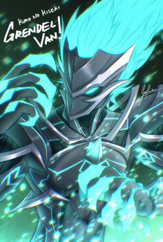 1boy aqua_eyes armor artist_name breastplate character_name claws commentary_request copyright_name eiyuu_densetsu energy_claws energy_hair gauntlets glowing glowing_eyes gradient_background green_background grendel_(eiyuu_densetsu) highres kuro_no_kiseki_(series) kuro_no_kiseki_i mask pauldrons safhier shoulder_armor signature simple_background solo upper_body van_arkride