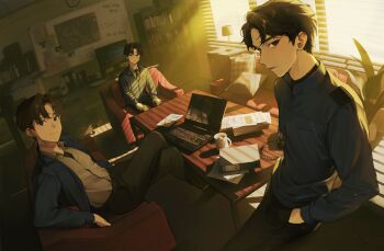 Rule 34 | 3boys, black hair, black necktie, black pants, black shirt, blue jacket, book, bookshelf, character request, check copyright, coffee mug, collared shirt, commentary request, computer, copyright request, couch, crossed legs, cup, day, dutch angle, grey shirt, gwechul, hand in pocket, highres, indoors, jacket, korean commentary, lamp, laptop, light rays, long sleeves, looking at viewer, looking to the side, male focus, monitor, mug, multiple boys, necktie, on couch, open clothes, open jacket, pants, paper stack, parted lips, pillow, plant, potted plant, shirt, short hair, sitting, slice of life, standing, sunbeam, sunlight, table, very short hair, window, window shadow, wing collar, yulmu1005