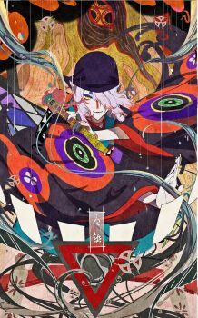 1boy arms_up bandana black_bandana black_nails commentary eyeliner eyeshadow facial_mark hair_over_one_eye highres holding holding_scroll image_sample japanese_clothes kimono kusuriuri_(mononoke) looking_at_viewer makeup male_focus mononoke ofuda one_eye_covered pale_skin patterned_clothing purple_eyeshadow red_eyeliner rilmok scroll solo straight-on twitter_sample upper_body white_hair wide_sleeves yellow_eyes