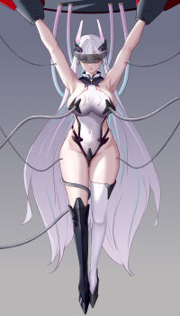 Rule 34 | 1girl, absurdres, aqua pupils, armpits, arms up, asymmetrical footwear, azur lane, bare shoulders, black boots, blue streaks, boots, breasts, chinese commentary, commentary request, covered navel, eye mask, gluteal fold, hair between eyes, headgear, highres, impossible clothes, impossible leotard, kearsarge (azur lane), knee boots, large breasts, leotard, long hair, looking at viewer, mask, mechanical tentacles, multicolored leotard, navel, orchery, pink streaks, purple eyes, restrained, sideboob, single knee boot, single thigh boot, solo, stationary restraints, thigh boots, torn clothes, torn leotard, two-tone leotard, variant set, very long hair, white boots, white hair, white leotard