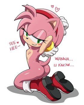 1girl amy_rose animated animated_gif armpits arms_behind_head ass bad_tag bare_legs blush boots bracelet english_text female female_focus flat_chest gloves half-closed_eyes heart huge_ass jewelry legs naked_boots narrow_waist nipples sega self-upload simple_background sirsmol sirsmolnsfw smile solo sonic_(series) sweat tail talking