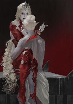 Rule 34 | 2girls, absurdres, arms around waist, baldur's gate, baldur's gate 3, black lips, blank eyes, blonde hair, bodysuit, braid, carrying, carrying person, chinese commentary, clothed female nude female, colored skin, commentary request, cowboy shot, czyjjj, dagger, detached sleeves, dungeons & dragons, fingernails, grey nails, grey skin, hair bun, hand on another's face, headpiece, highres, holding, holding dagger, holding knife, holding weapon, knife, long hair, low-braided long hair, low-tied long hair, minthara, multiple girls, naked towel, neck tattoo, nude, orin the red, parted lips, pointy ears, realistic, red bodysuit, sharp fingernails, short hair, shoulder blades, single braid, single hair bun, smile, tattoo, towel, weapon, yuri